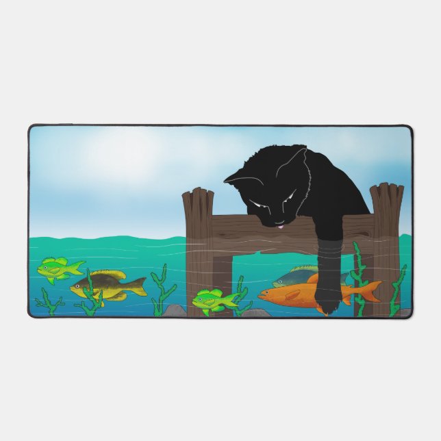 Black cat fishing off dock desk mat (Front)
