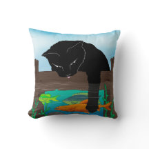 Black Cat Fishing Turquoise Throw Pillow