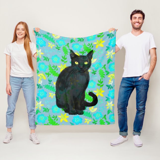 black cat floral fleece blanket (In Situ)
