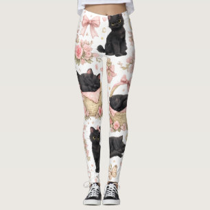 Black Cat Floral Leggings