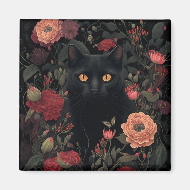 black cat floral magnet (Front)