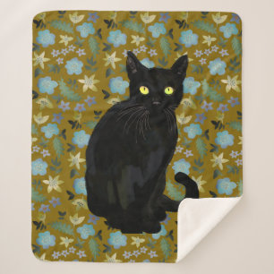 black cat floral sherpa blanket