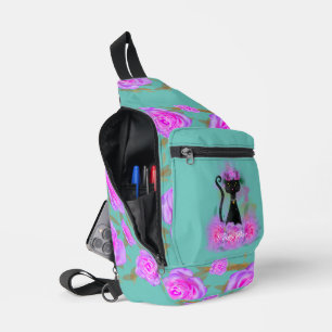Black Cat flower crown sitting in pink roses Sling Bag