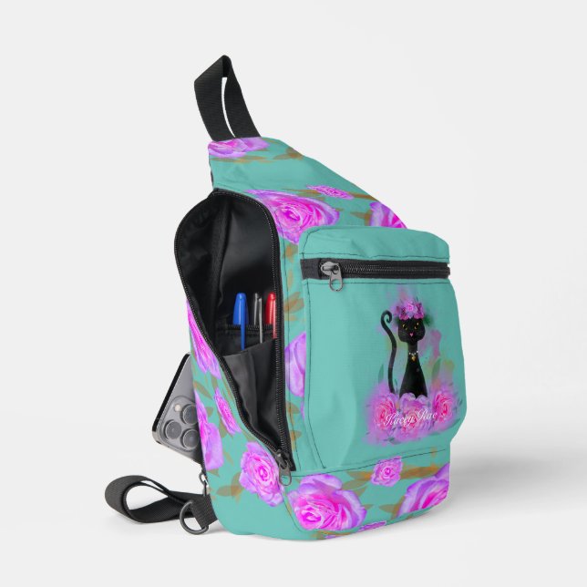 Black Cat flower crown sitting in pink roses Sling Bag (Open)