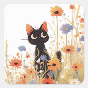 Black Cat Flower Retreat Square Sticker