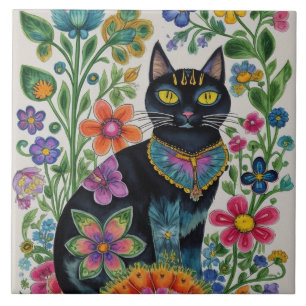 Black cat, flowers, butterflies, native art tile