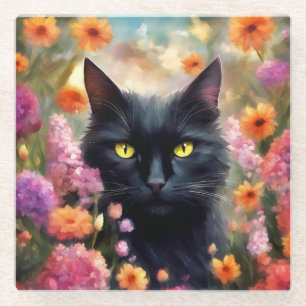Black Cat Flowers Garden Cat 736 Glass Coaster