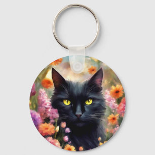 Black Cat Flowers Garden Cat 736 Key Ring