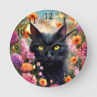 Black Cat Flowers Garden Cat 736 Round Clock