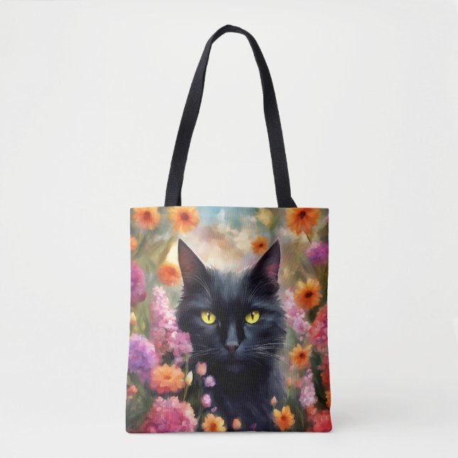 Black Cat Flowers Garden Cat 736 Tote Bag (Front)