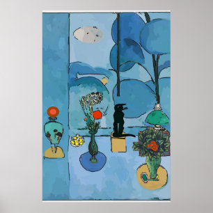 Black Cat & Flowers In Blue Room, add text Poster