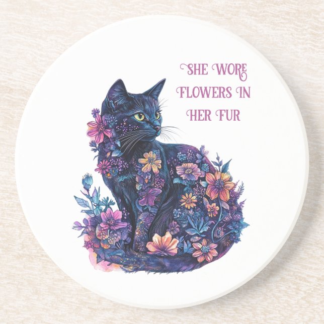 Black Cat Flowers in Her Fur Coaster (Front)