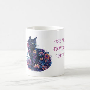 Black Cat Flowers in Her Fur Coffee Mug