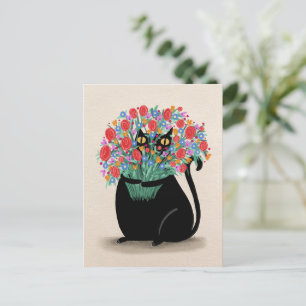 Black cat & flowers postcard