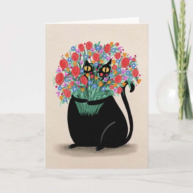 Black cat & flowers thank you card (Front)