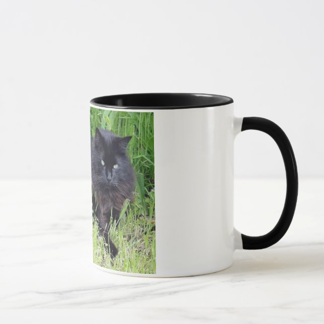 Black cat fluffy long hair feline regal proud mug (Right)