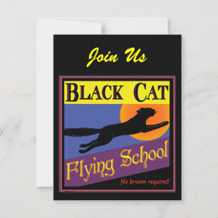 Black Cat Flying School Halloween Invitations