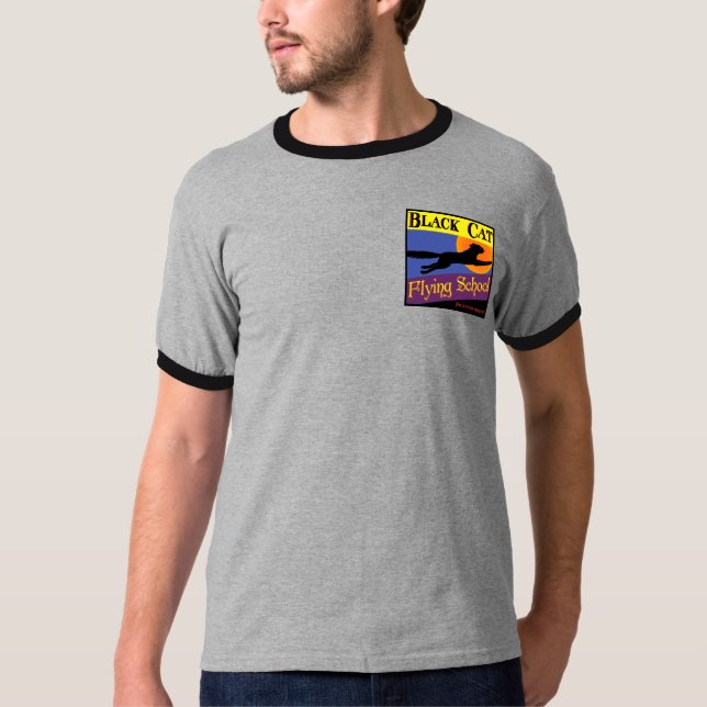 Black Cat Flying School Retro Halloween T-shirt (Front)