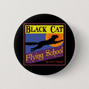 Black Cat Flying School Vintage Halloween Art 6 Cm Round Badge