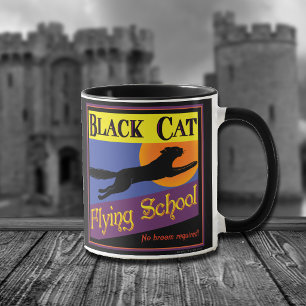 Black Cat Flying School Vintage Halloween Art Mug