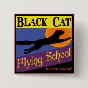 Black Cat Flying School Vintage Halloween Button