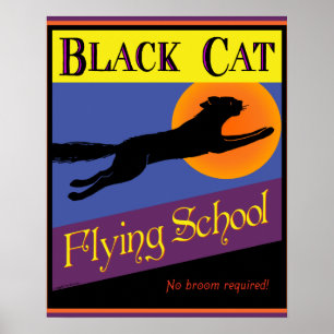 Black Cat Flying School Vintage Halloween Poster