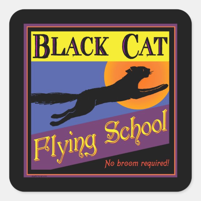 Black Cat Flying School Vintage Halloween Sticker (Front)