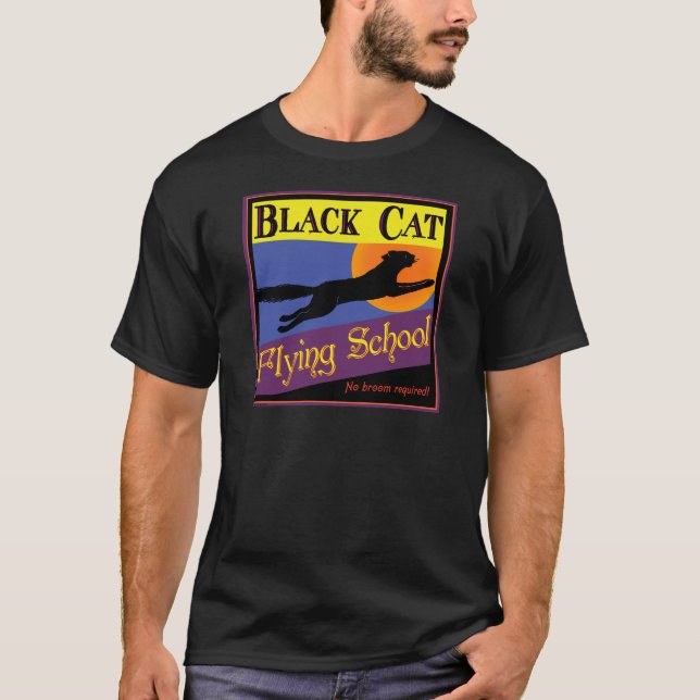 Black Cat Flying School Vintage Halloween T-shirt (Front)