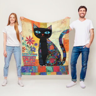 Black Cat Folk Art Fleece Blanket