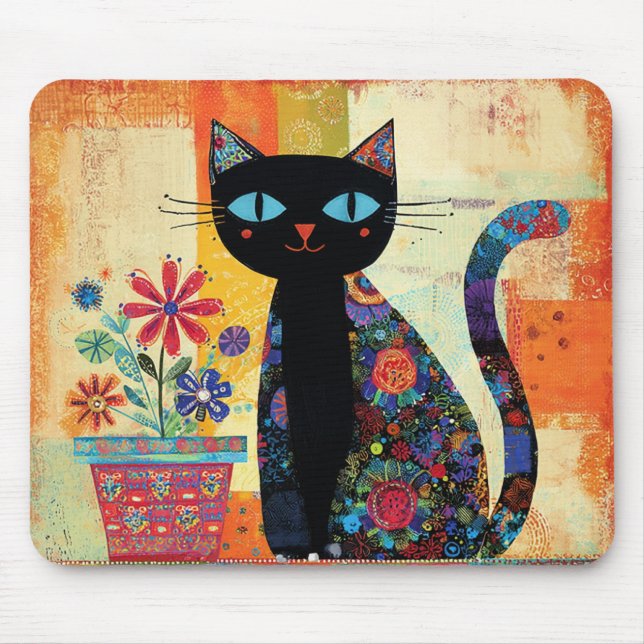 Black Cat Folk Art Mouse Mat (Front)