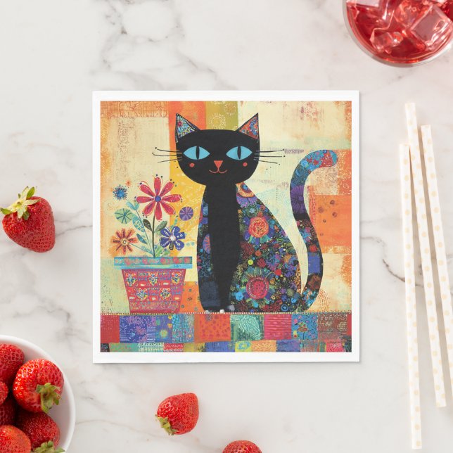 Black Cat Folk Art Napkin (Insitu)