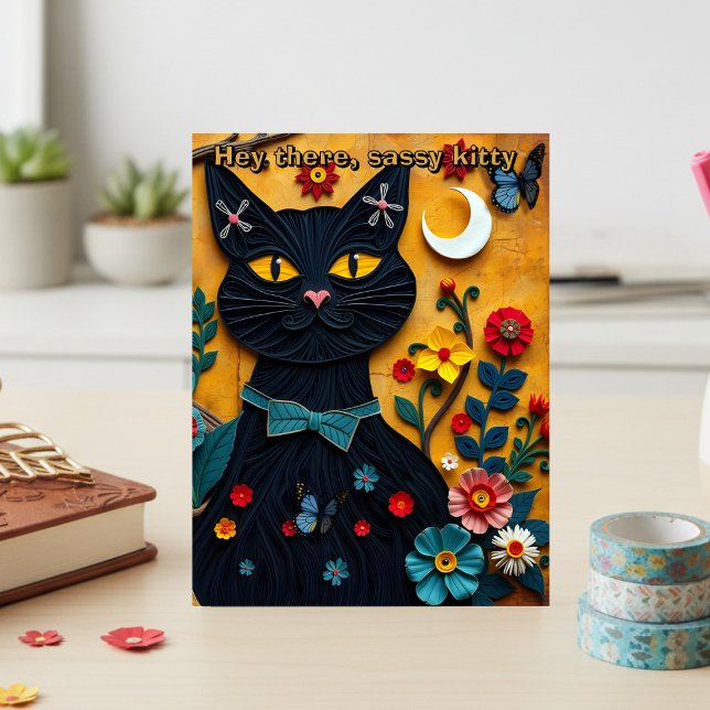 Black Cat Folk Art Postcard (Send this postcard to your sassy friend. Unique design for stationery enthusiasts and cat lovers)