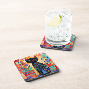 Black Cat Folk Art (Potted Plants) Coaster