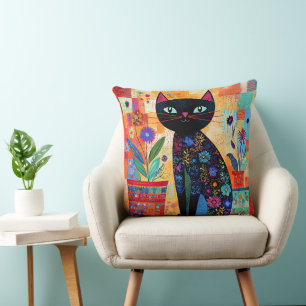 Black Cat Folk Art (Potted Plants) Cushion