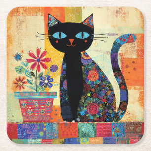 Black Cat Folk Art Square Paper Coaster