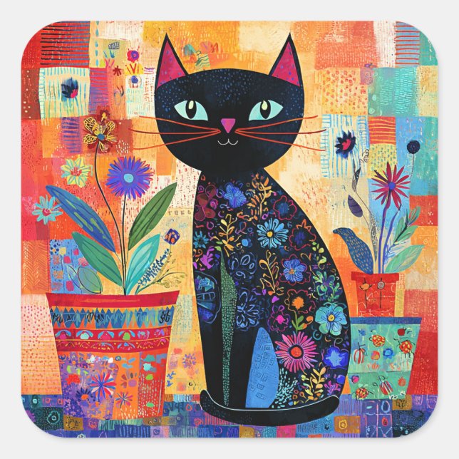 Black Cat Folk Art Square Sticker (Front)