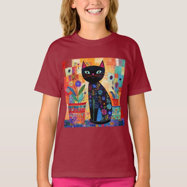 Black Cat Folk Art T-Shirt (Front)