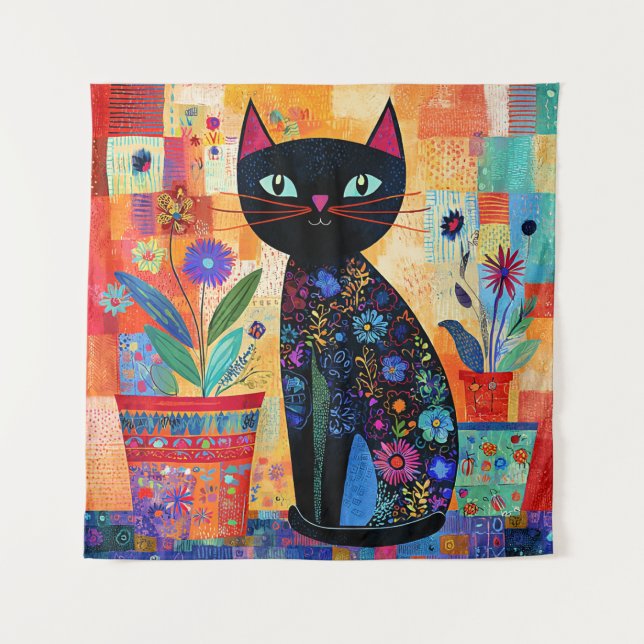 Black Cat Folk Art Tapestry (Front)