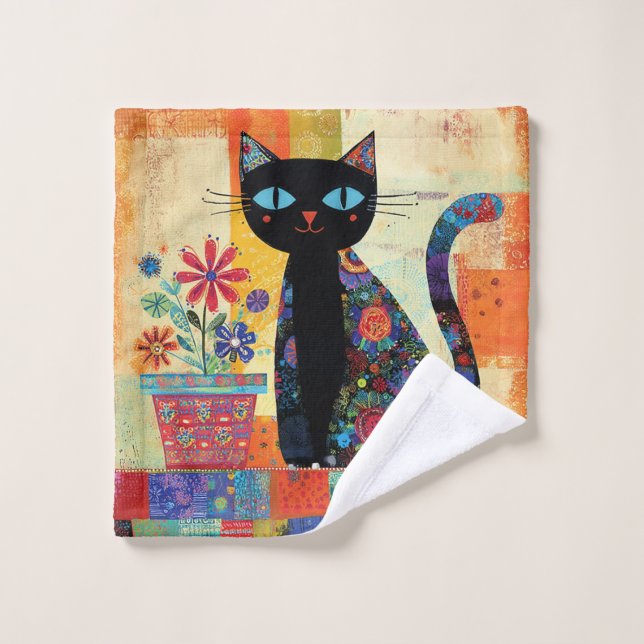 Black Cat Folk Art Wash Cloth (Wash Cloth)