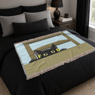 Black Cat Food Funny Hungry Kitty Humour Throw Blanket