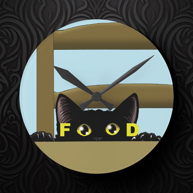 Black Cat Food Funny Round Clock (Creator Uploaded)