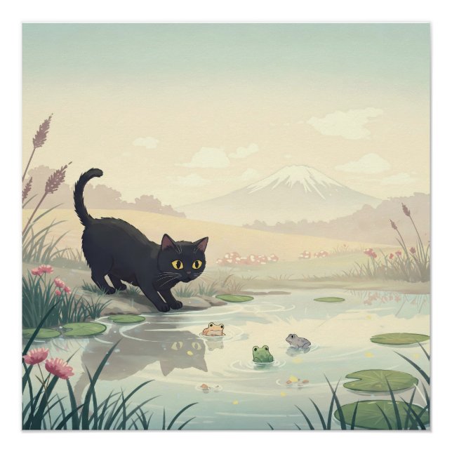Black Cat & Frogs Poster (Front)