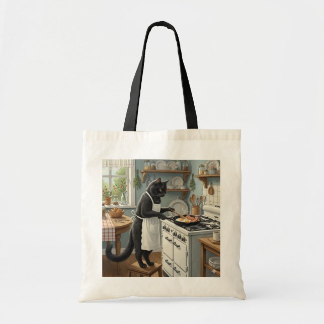 Black Cat Frying Eggs and Bacon Tote Bag (Front)