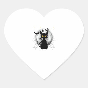 Black Cat Full Moon Bats & Starry Night Halloween Heart Sticker