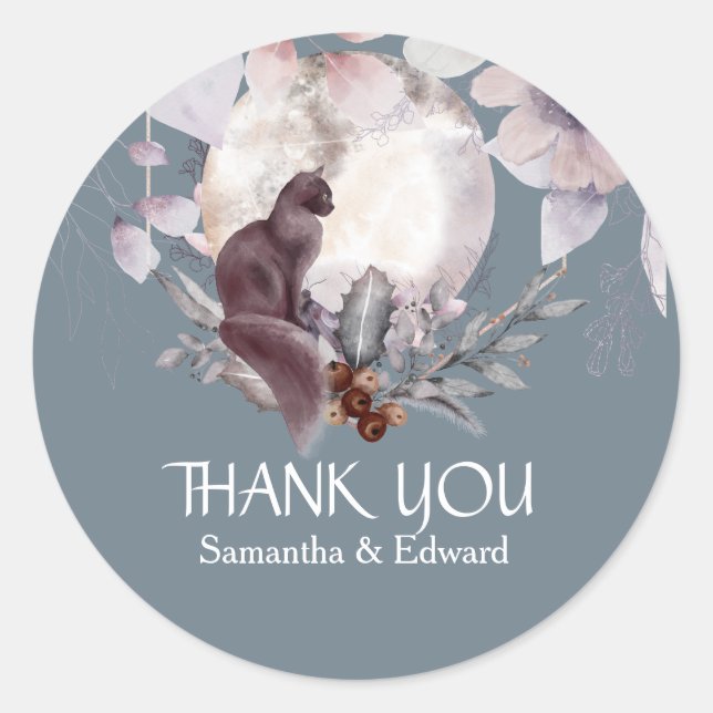 Black cat full moon dusky blue floral thank you classic round sticker (Front)