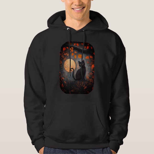 Black Cat Full Moon Fall Autumn Halloween Hoodie (Front)