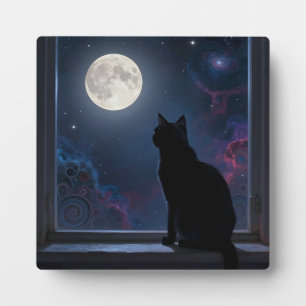 Black Cat Full Moon Galaxy Window Scene Plaque