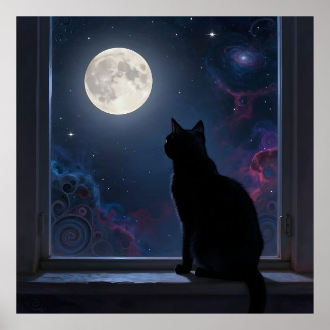 Black Cat Full Moon Galaxy Window Scene Poster (Front)