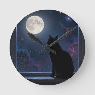 Black Cat Full Moon Galaxy Window Scene Round Clock
