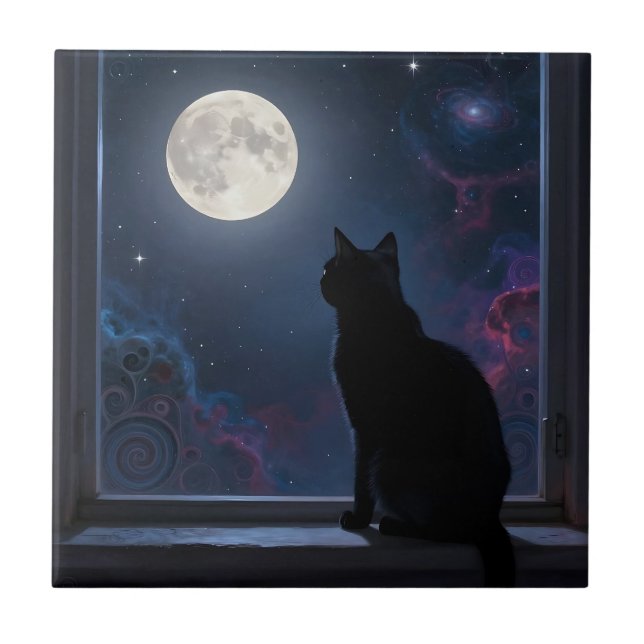 Black Cat Full Moon Galaxy Window Scene Tile (Front)